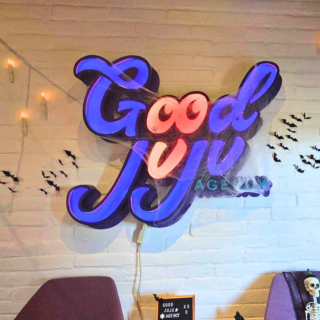 GJJ sign lit up in Halloween colors